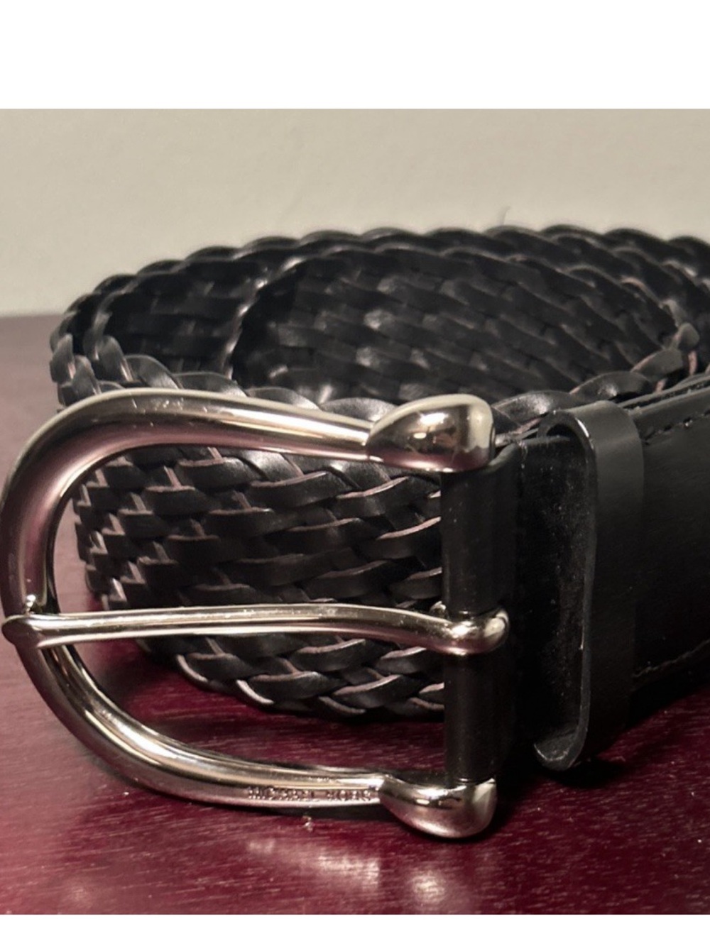Michael Kors Black Braided Leather Belt with Silver Buckle L